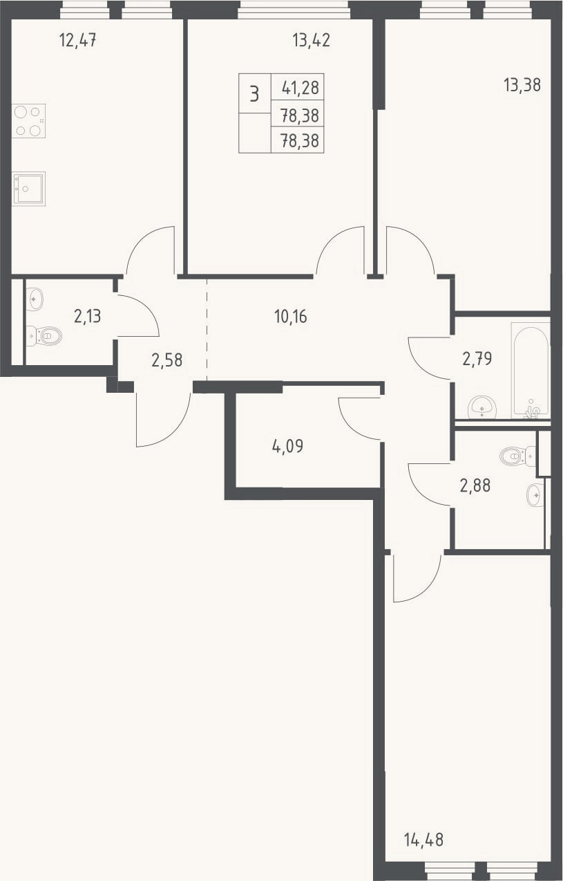 Планировка: 3-к, 78,4 м²