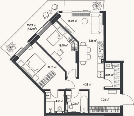 Планировка: 3-к, 72,5 м²