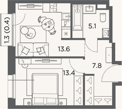 Планировка: 1-к, 39,9 м²