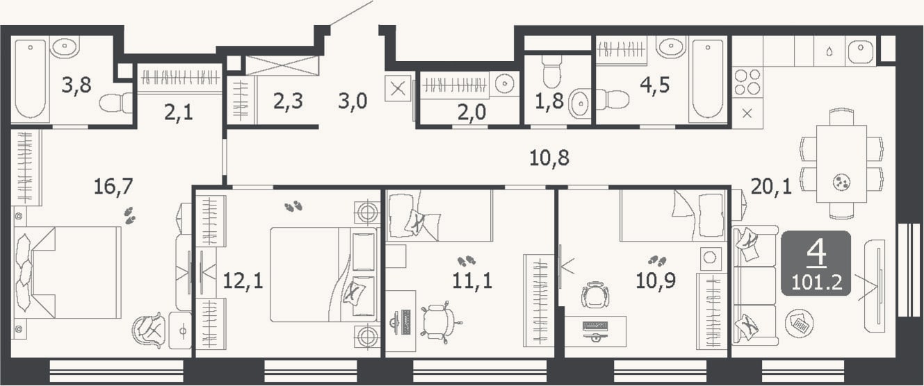 Планировка: 4+ к, 101,2 м²