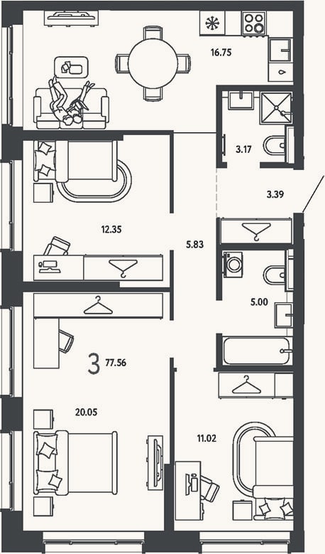 Планировка: 3-к, 77,6 м²
