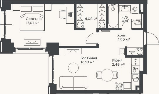 Планировка: 2-к, 49,1 м²