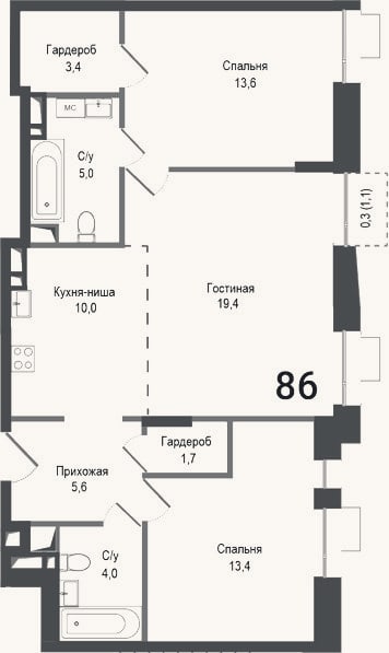 Планировка: 3-к, 76,1 м²