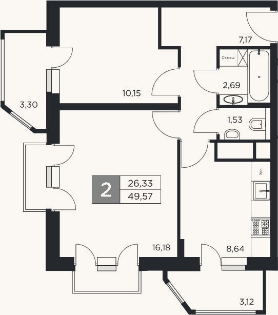 Планировка: 2-к, 46,4 м²