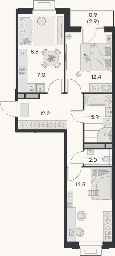 Планировка: 3-к, 63,1 м²