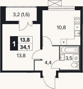 Планировка: 1-к, 32,5 м²