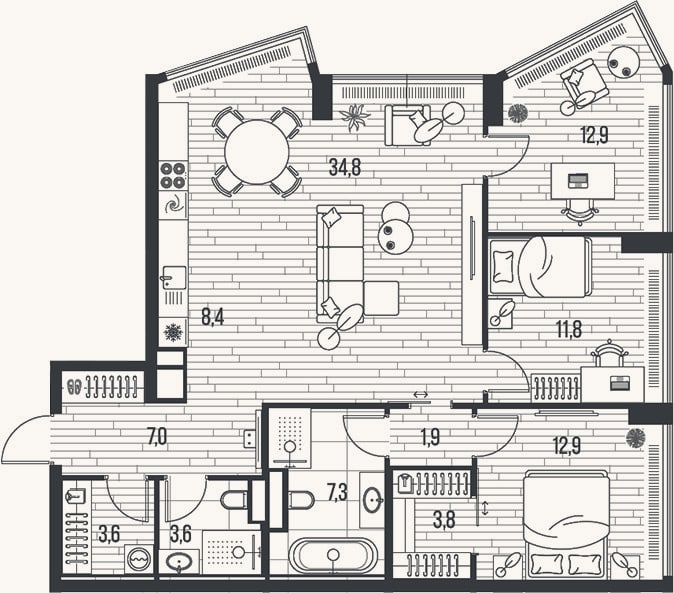 Планировка: 4+ к, 108 м²