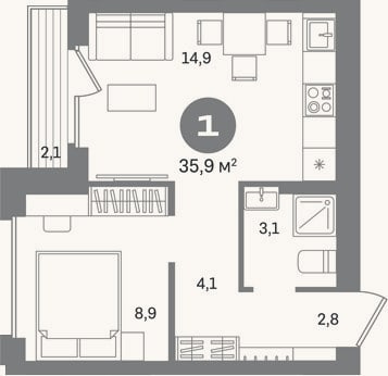 Планировка: 1-к, 33,8 м²