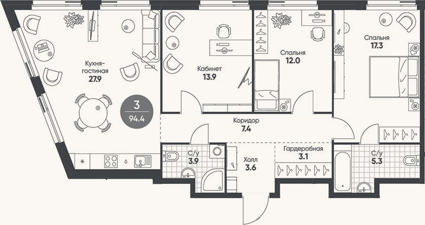 Планировка: 4+ к, 94,4 м²