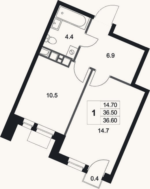 Планировка: 1-к, 36,5 м²