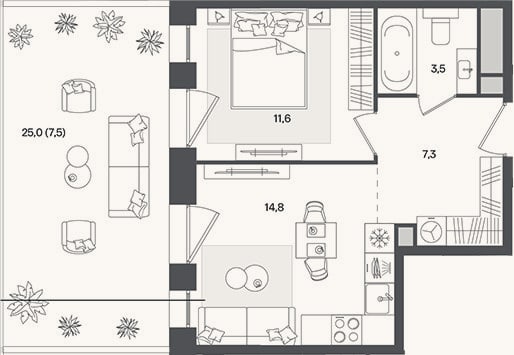 Планировка: 1-к, 37,2 м²