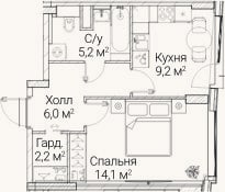 Планировка: 1-к, 36,6 м²