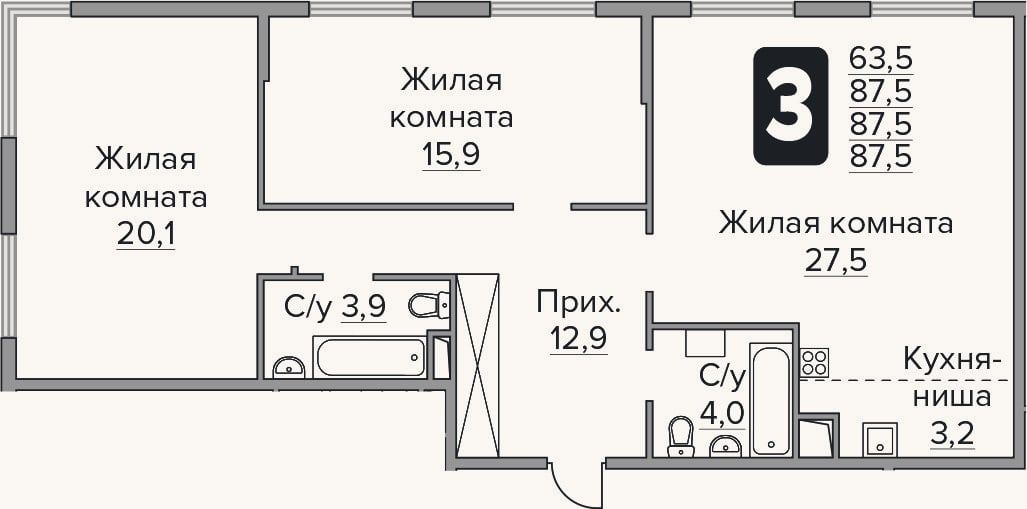 Планировка: 3-к, 87,5 м²