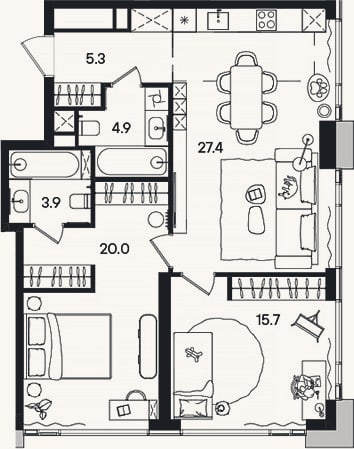 Планировка: 3-к, 77,2 м²