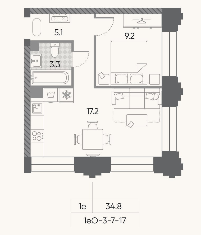 Планировка: 2-к, 34,8 м²