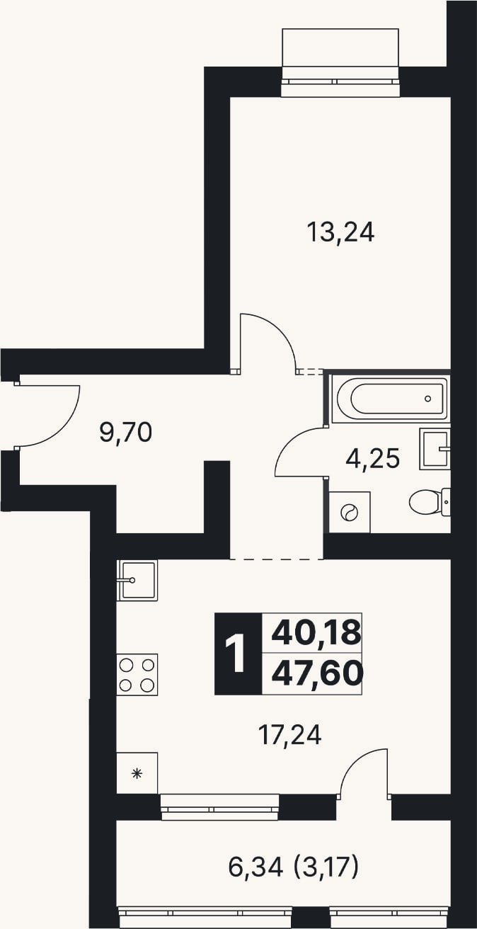 Планировка: 2-к, 44,4 м²