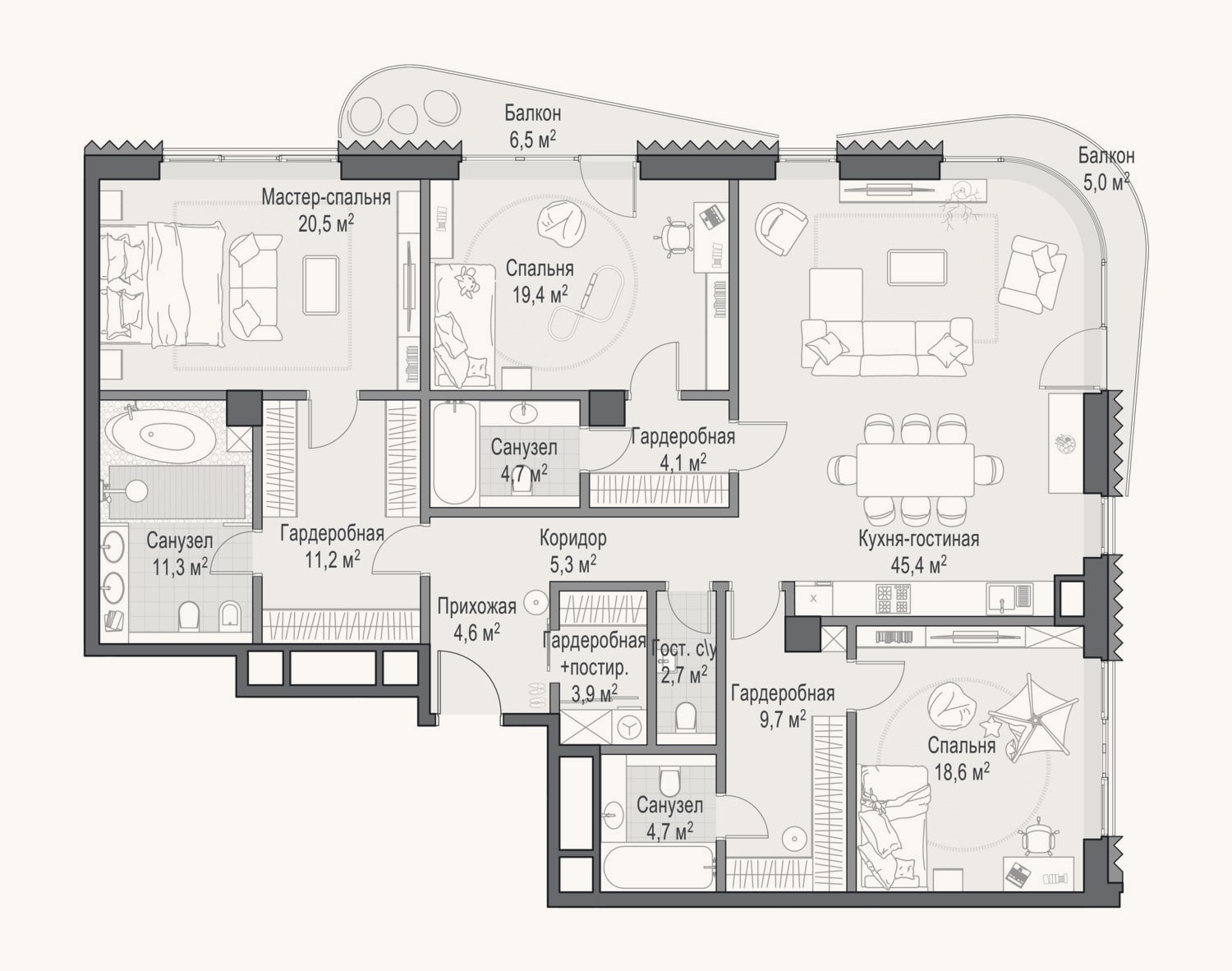 Планировка: 4+ к, 165,6 м²