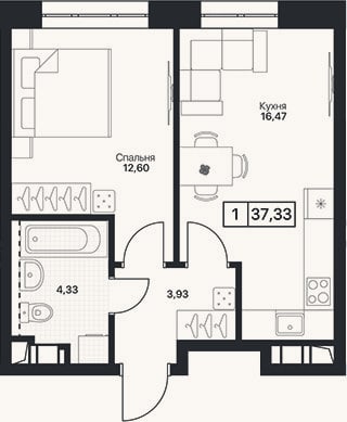 Планировка: 1-к, 37,3 м²