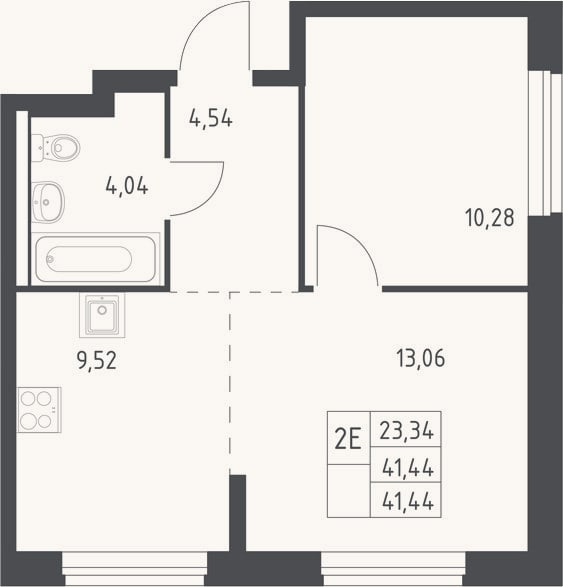 Планировка: 2-к, 41,4 м²