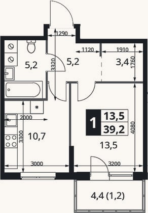 Планировка: 1-к, 38 м²