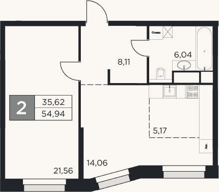 Планировка: 2-к, 54,9 м²