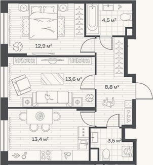 Планировка: 2-к, 56,7 м²