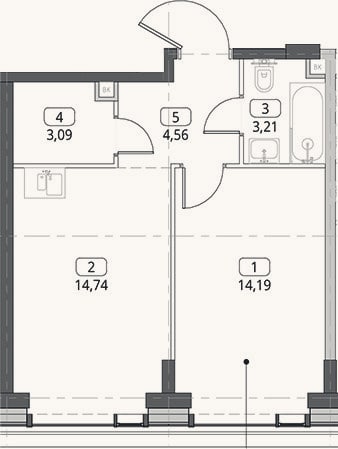 Планировка: 1-к, 39,8 м²