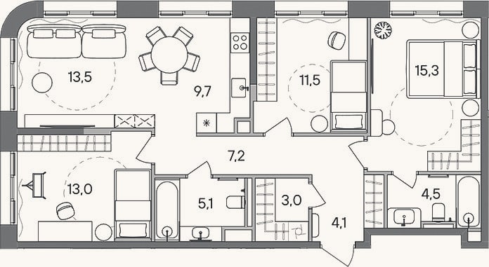 Планировка: 4+ к, 86,9 м²
