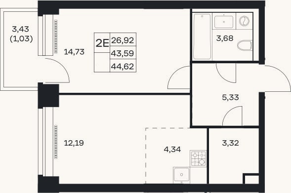 Планировка: 2-к, 43,6 м²