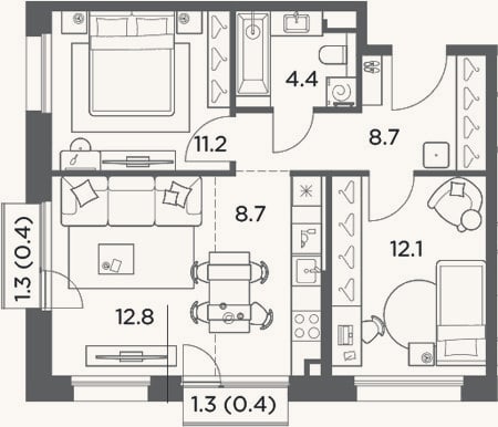 Планировка: 3-к, 57,9 м²