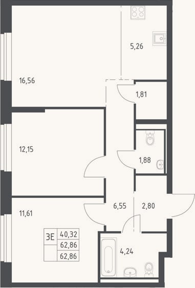 Планировка: 3-к, 62,9 м²