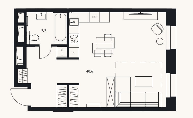 Планировка: Студия, 45 м²