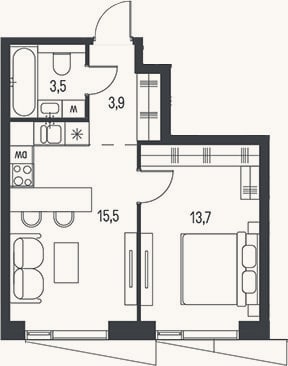 Планировка: 2-к, 36,6 м²