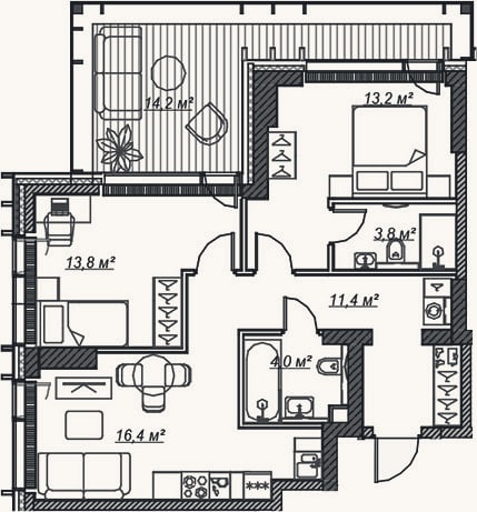 Планировка: 3-к, 62,6 м²