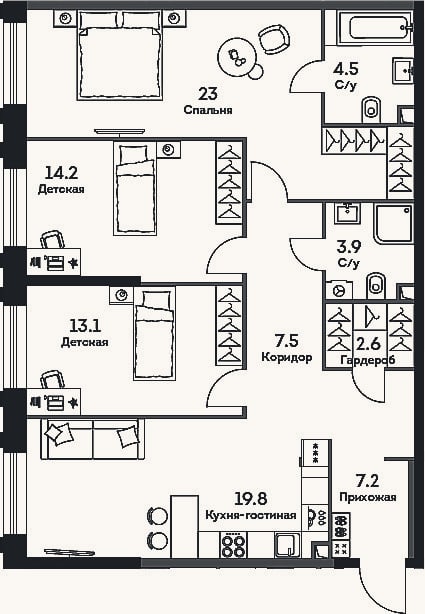 Планировка: 4+ к, 97,1 м²