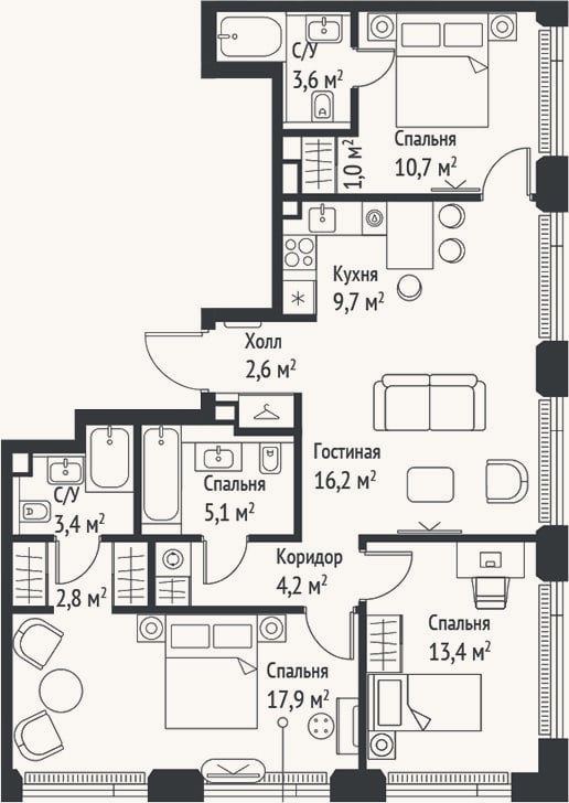 Планировка: 4+ к, 90,5 м²
