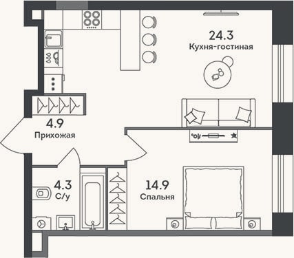 Планировка: 2-к, 48,4 м²
