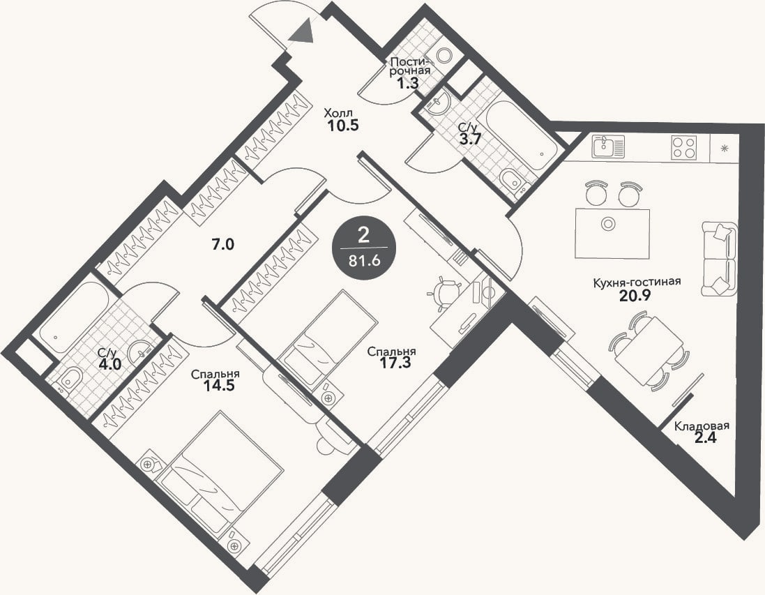 Планировка: 3-к, 81,6 м²