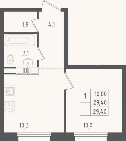 Планировка: 1-к, 29,4 м²