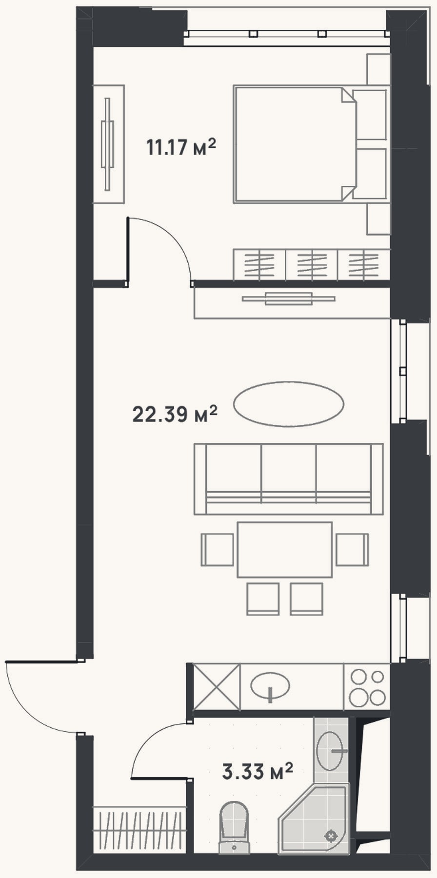Планировка: 1-к, 36,9 м²