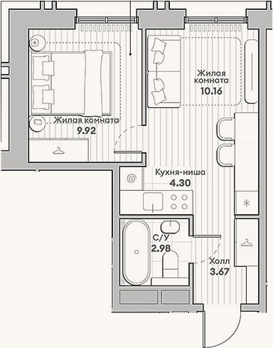 Планировка: 2-к, 31 м²