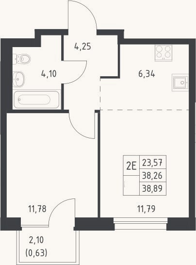 Планировка: 2-к, 38,3 м²