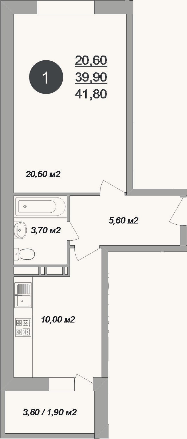 Планировка: 1-к, 39,9 м²