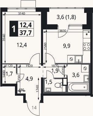 Планировка: 1-к, 35,9 м²