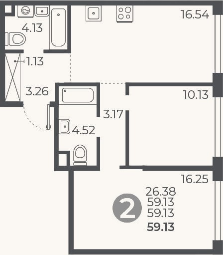 Планировка: 2-к, 59,1 м²