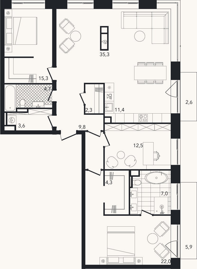 Планировка: 4+ к, 128,3 м²