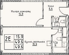 Планировка: 2-к, 49,6 м²