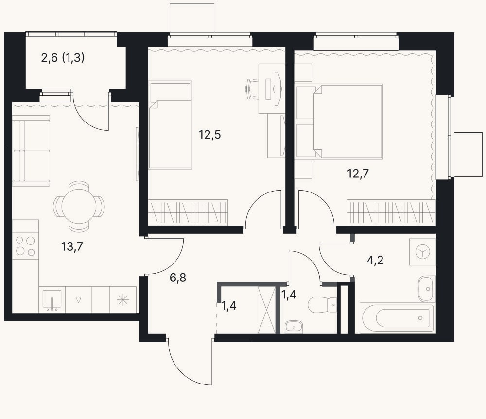 Планировка: 2-к, 52,7 м²