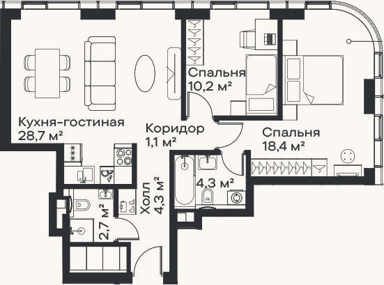 Планировка: 3-к, 69,7 м²