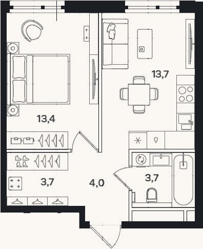 Планировка: 1-к, 38,5 м²